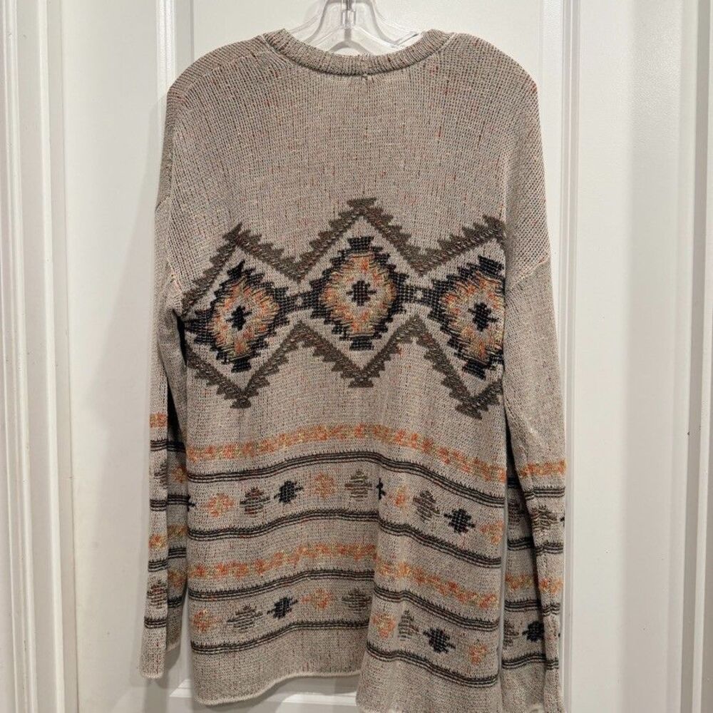 J Jill Womens Large Open Front Cardigan Aztec Western Boho Intarsia Knit Oatmeal - Picture 8 of 10